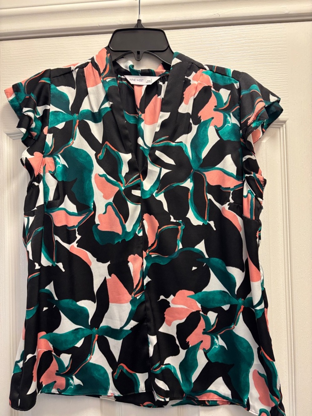 Nine West Black Floral Blouse with Teal & Coral Accents